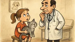 Banc: Fetița intră cu pisica la veterinar