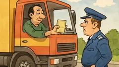 Banc: Polițistul oprește un șofer de TIR