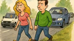 Banc: O blondă merge pe șosea cu iubitul