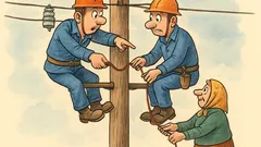 Banc: Doi electricieni pe stâlp...