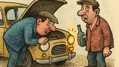 Banc: Doi bărbați repară o mașină...